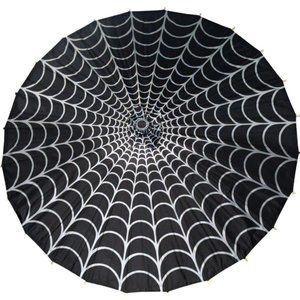 Spiderweb Gray & Black Goth Fabric Shade Parasol Bamboo Handle NWT
